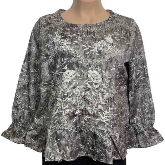 LA BELLUM HILLARY SCOTT Floral Ruffled Top Women's XL Grey Embroidered Scoop NWT - Picture 1 of 15